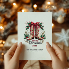 Tarjeta Festiva Navidades del tema occidental Howdy Cowgirl Boots