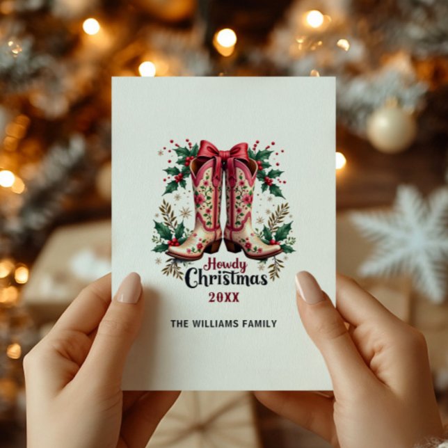 Tarjeta Festiva Navidades del tema occidental Howdy Cowgirl Boots (Subido por el creador)