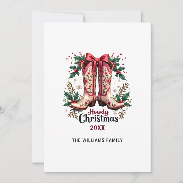 Tarjeta Festiva Navidades del tema occidental Howdy Cowgirl Boots (Anverso)