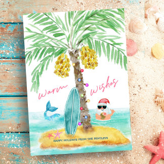 Tarjeta Festiva Navidades del Tropical Island Beach Santa Mermaid