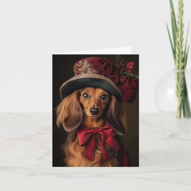 Tarjeta Festiva Navidades del Victorian Long Haired Dachshund (Anverso)