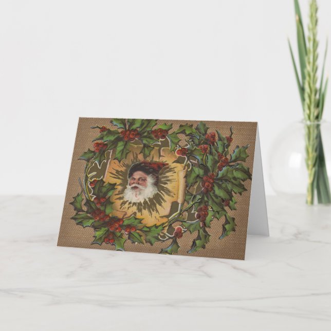 Tarjeta Festiva Navidades del Vintage Santa Antique Holly (Anverso)