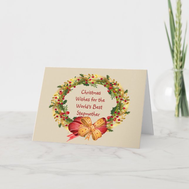 Tarjeta Festiva Navidades Desean A Holly Wreath StepMother (Anverso)