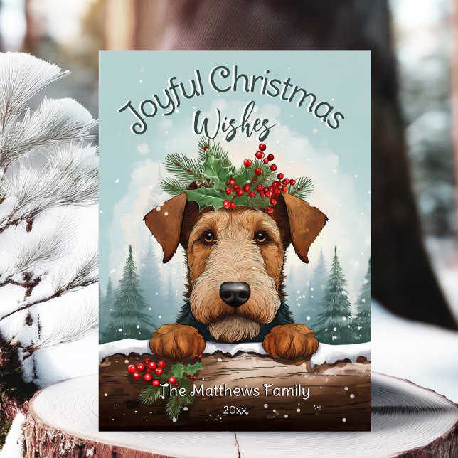 Tarjeta Festiva Navidades desean que el bosque de invierno Airedal (Adorable Winter Snowy Scene With Peeking Dogs or Farm/Woodland Animals - Over 50 to Choose From!)