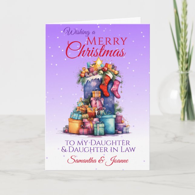 Tarjeta Festiva Navidades Despiden A Hija Morada Y A Hija En La Le (Anverso)