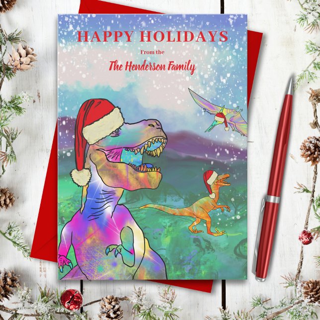 Tarjeta Festiva Navidades Dinosaur T-Rex Santa (Christmas dinosaurs wearing santa hats in the snow custom holiday greetings card)