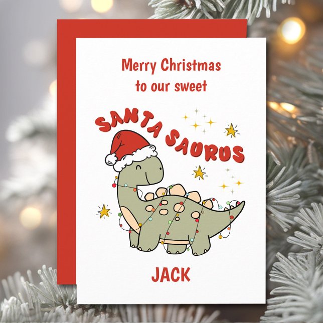 Tarjeta Festiva Navidades Dinosaurio Santasauro Nombre Niño (Christmas Dinosaur Santasaurus Name Boy Holiday Card)
