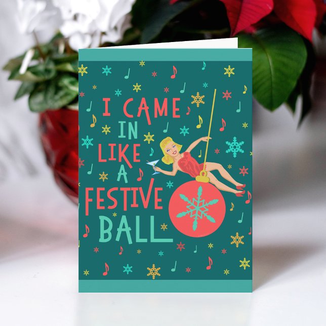 Tarjeta Festiva Navidades divertidas retro mujer en fiesta de Navi (Subido por el creador)