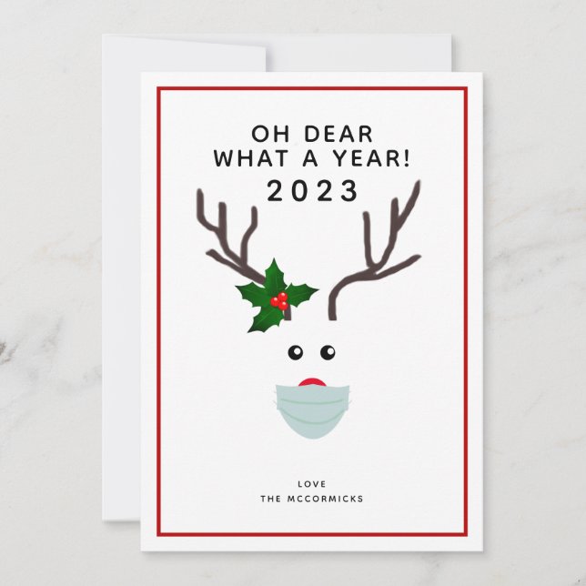 Tarjeta Festiva Navidades divertidos 2021 reno con máscara de la c (Anverso)