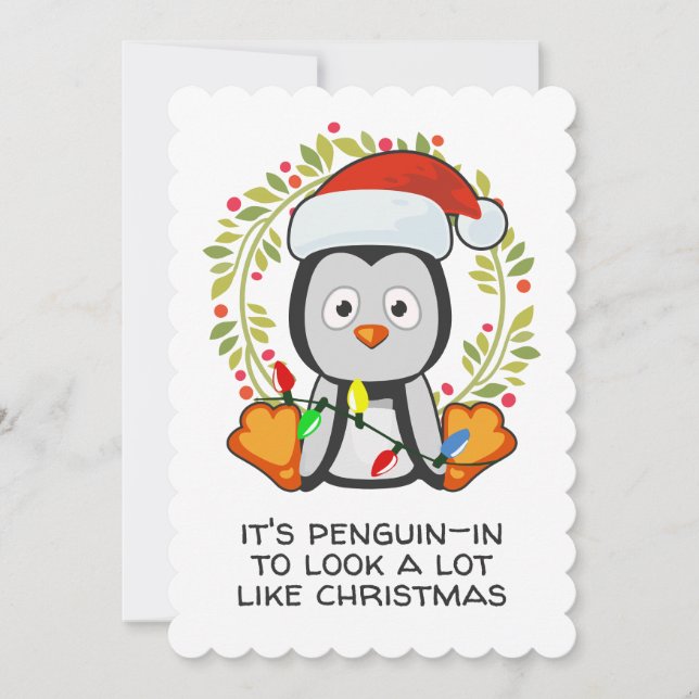 Tarjeta Festiva Navidades divertidos cantan Pun Penguin (Anverso)