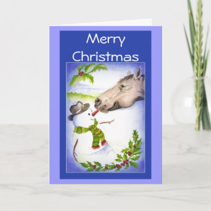 Tarjeta Festiva Navidades divertidos con humor de caballos y hombr