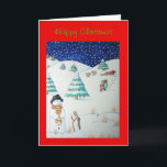 Tarjeta Festiva navidades divertidos de la escena de la nieve de s<br><div class="desc">Este lindo muñeco de nieve se ve muy emocionado mientras ve a santa caminando por la colina detrás de él, el trineo está estacionado en el fondo y los renos descansan cerca de . El hombre de nieve está usando su mejor gorra negro y tiene a sus Navidades rojos y...</div>