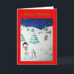 Tarjeta Festiva navidades divertidos de la escena de la nieve de s<br><div class="desc">Este lindo muñeco de nieve se ve muy emocionado mientras ve a santa caminando por la colina detrás de él, el trineo está estacionado en el fondo y los renos descansan cerca de . El hombre de nieve está usando su mejor gorra negro y tiene a sus Navidades rojos y...</div>