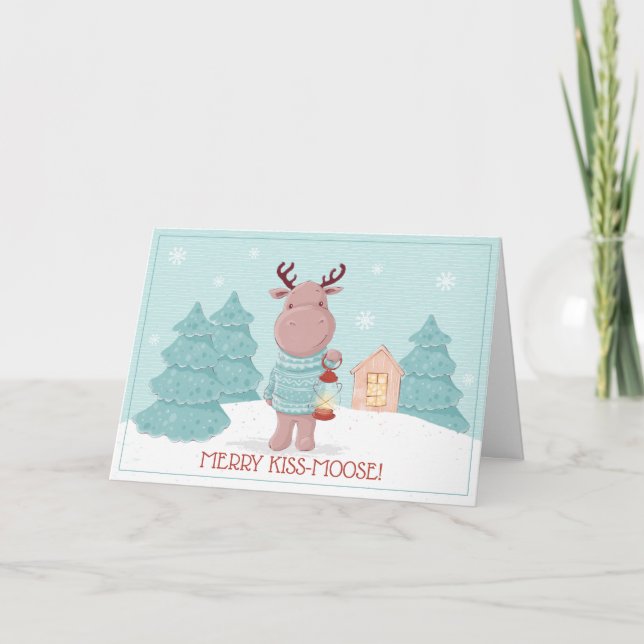 Tarjeta Festiva Navidades divertidos de Merry Kiss Moose (Anverso)