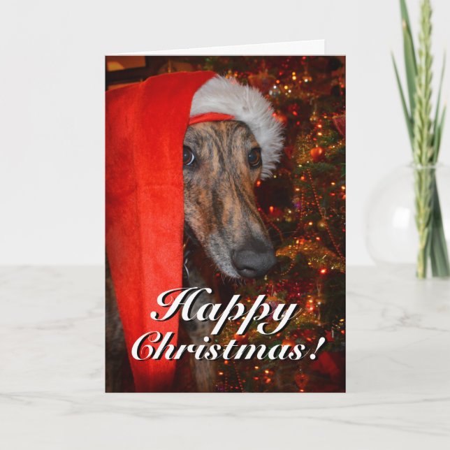 Tarjeta Festiva Navidades divertidos de Santa Dog Lurcher Greyhoun (Anverso)