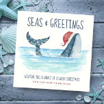 Tarjeta Festiva Navidades divertidos de Whale Santa Sea Nautical<br><div class="desc">La tarjeta de Navidades de humor náutico presenta una ballena acuarela con un sombrero Santa nadando en el mar con luces de cuerda decorando su cola. Los saludos "Seas & Greetings" y "Wishing you a whale of a good Navidades", junto con el nombre pueden ser personalizados. Arte por KL Stock...</div>