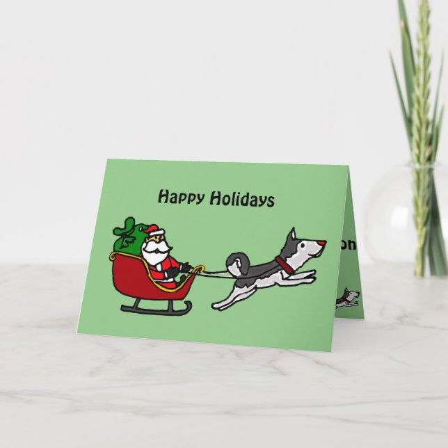 Tarjeta Festiva Navidades divertidos disfrutando con el perro Husk (Anverso)