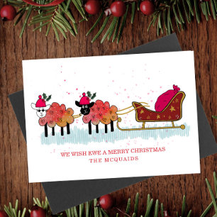 Tarjeta Festiva Navidades divertidos ovejas tirando del trineo de 