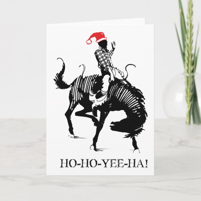 Tarjeta Festiva Navidades divertidos rodeo Santa sobre caballo neg (Anverso)