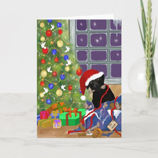 Tarjeta Festiva Navidades divertidos y negros de Labrador (Anverso)