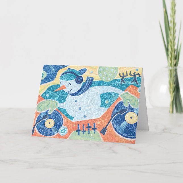 Tarjeta Festiva Navidades DJ de Snowman bailan Fiesta (Anverso)