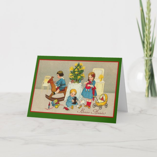 Tarjeta Festiva Navidades domésticos con niños y juguetes (Anverso)