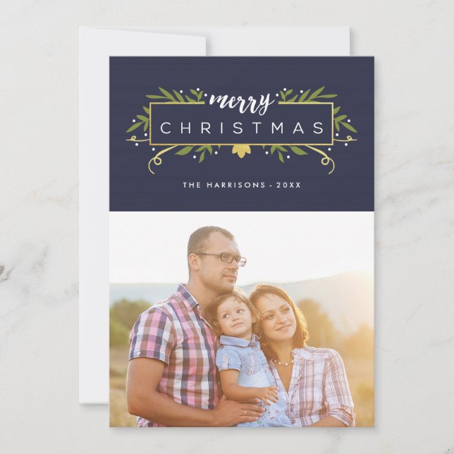 Tarjeta Festiva Navidades dorados foto de follaje moderno (Anverso)
