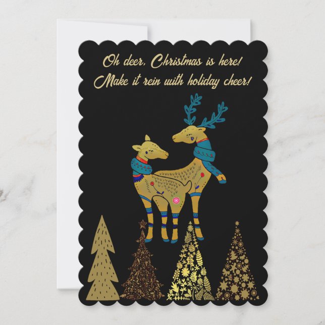 Tarjeta Festiva Navidades dorados Pareja de renos Pinos Árboles Ne (Anverso)