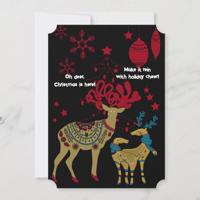 Tarjeta Festiva Navidades dorados renos rojos copos de nieve nórdi (Anverso)