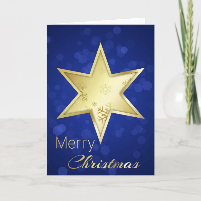 Tarjeta Festiva Navidades dorados Star Blue Bokeh (Anverso)