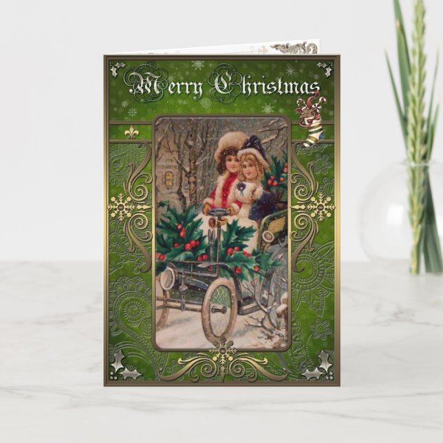 Tarjeta Festiva Navidades - Dos chicas en el auto en invierno. (Anverso)