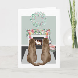 Tarjeta Festiva Navidades Dos Choc Labrador Perros Chimenea Escena