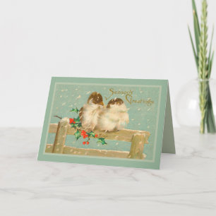 Tarjeta Festiva Navidades dos pájaros en una valla