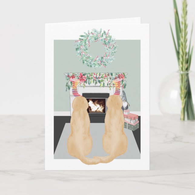 Tarjeta Festiva Navidades Dos Perros Amarillos De Labrador Lugar D (Anverso)