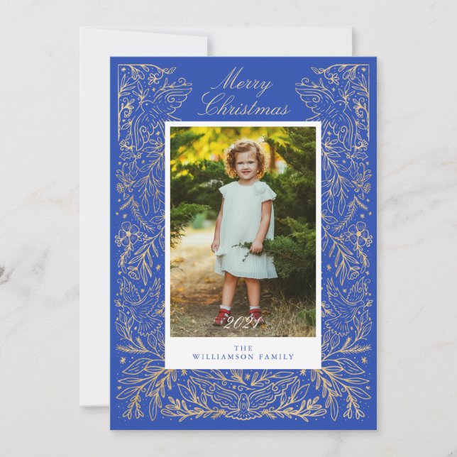 Tarjeta Festiva Navidades Doves De Paz Y Amor Foto De Marco Floral (Anverso)