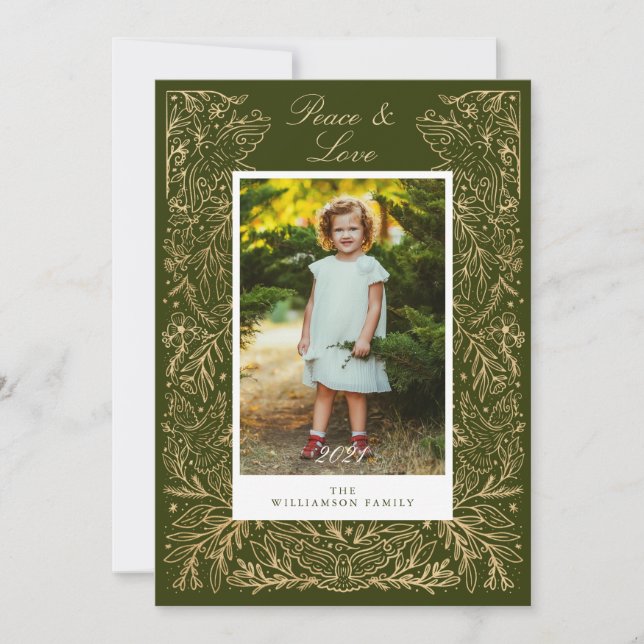 Tarjeta Festiva Navidades Doves De Paz Y Amor Foto De Marco Floral (Anverso)