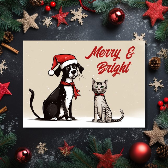 Tarjeta Festiva Navidades dulces de perro y gato (Front - Cute Santa Dog and Cat Merry and Bright Christmas Holiday Card)