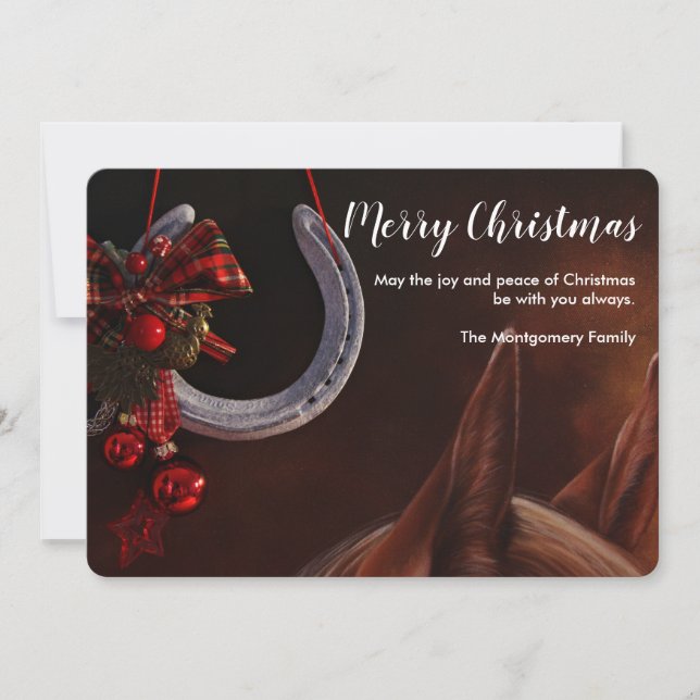 Tarjeta Festiva Navidades ecuestres colgando foto de herradura (Anverso)