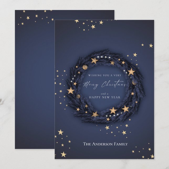 Tarjeta Festiva Navidades Elegant Blue Wreath (Anverso / Reverso)