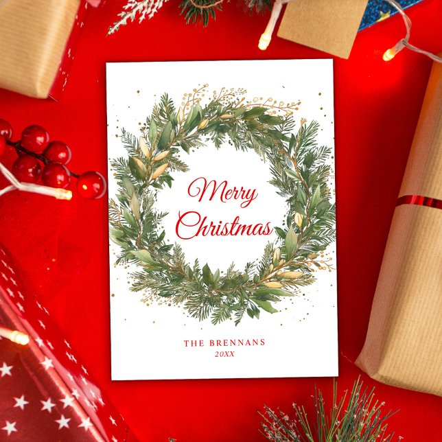 Tarjeta Festiva Navidades Elegante Campaña Botánica Verde Rojo (Christmas Elegant Red Green Botanical Wreath Holiday Card)