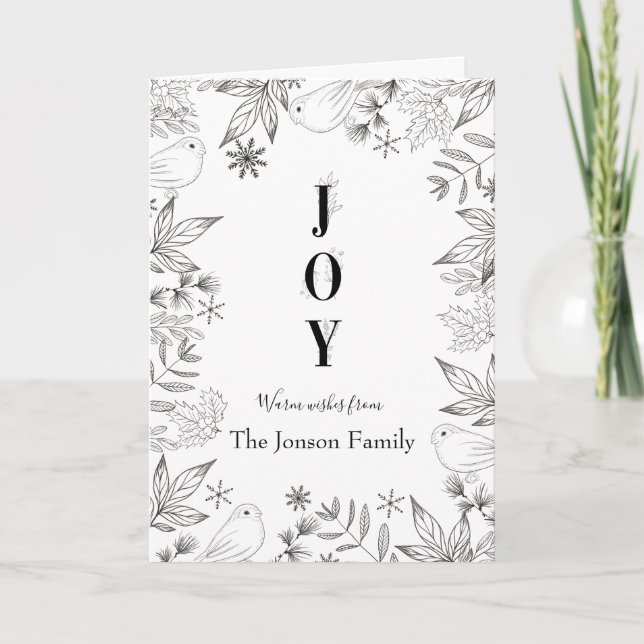 Tarjeta Festiva Navidades elegante guión blanco negro floral (Anverso)