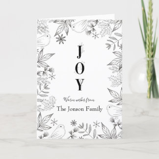 Tarjeta Festiva Navidades elegante guión blanco negro floral
