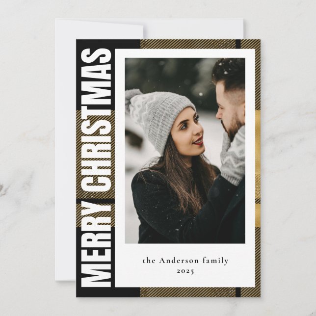 Tarjeta Festiva Navidades Elegante y Moderna Tartán Negro y Oro Ta (Anverso)