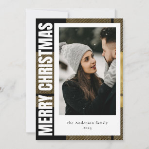 Tarjeta Festiva Navidades Elegante y Moderna Tartán Negro y Oro Ta