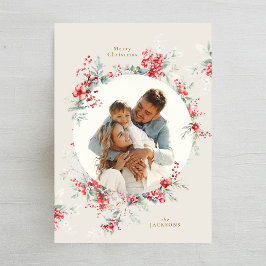 Tarjeta Festiva navidades elegantes acuarela follaje foto ovalada