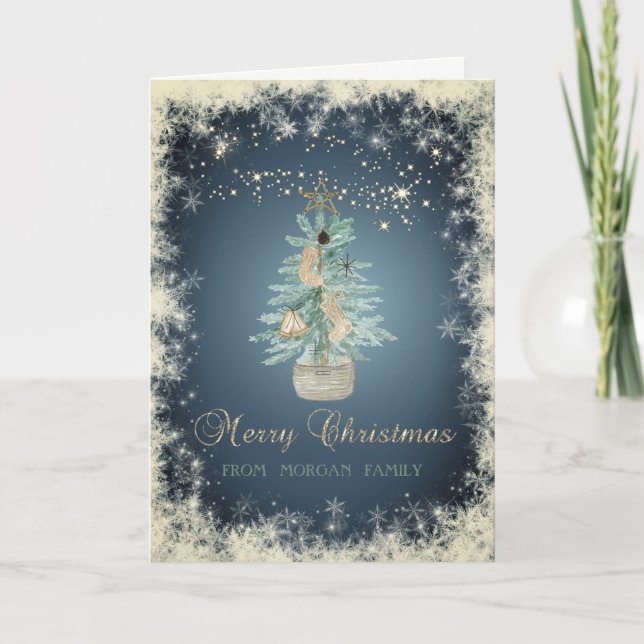 Tarjeta Festiva Navidades Elegantes Árbol De Pino Acuático, Copos  (Anverso)