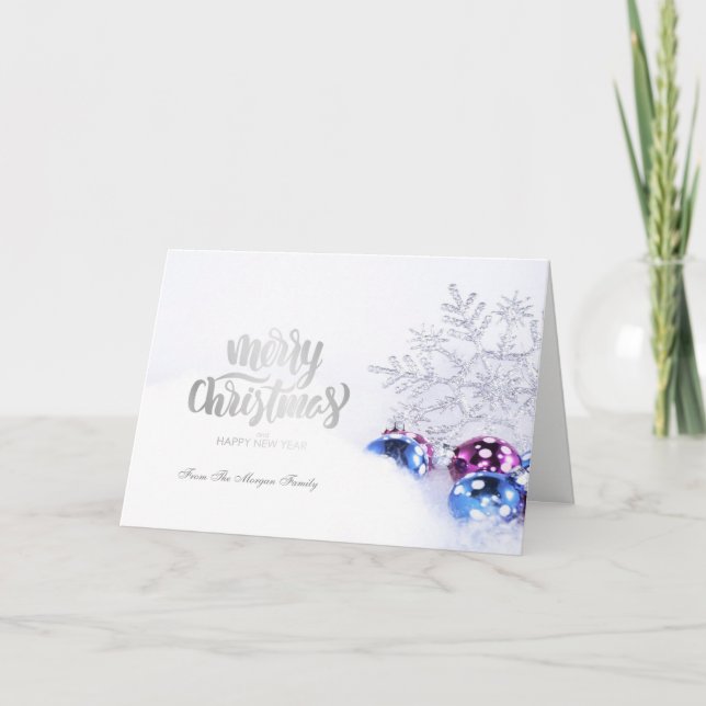 Tarjeta Festiva Navidades elegantes, bolas , compañía de copos de  (Anverso)