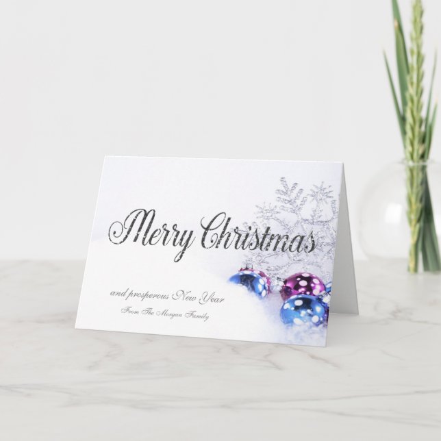 Tarjeta Festiva Navidades elegantes, bolas , compañía de copos de  (Anverso)