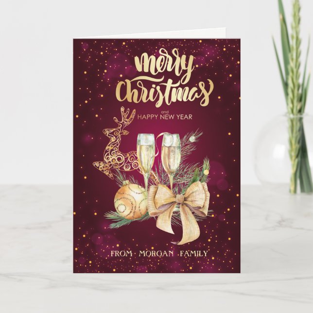 Tarjeta Festiva Navidades elegantes, bolas, renos, vidrio de vino, (Anverso)