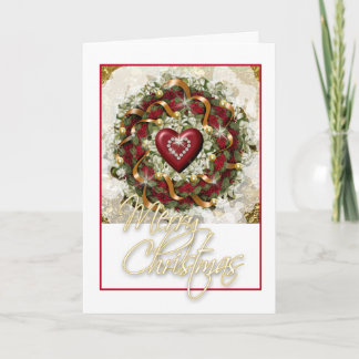 Tarjeta Festiva Navidades elegantes coronaban el corazón verde roj